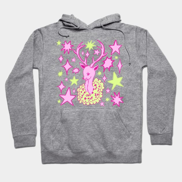Retro Majestic Deer, Pink and Green Hoodie by DaydreamerAlley